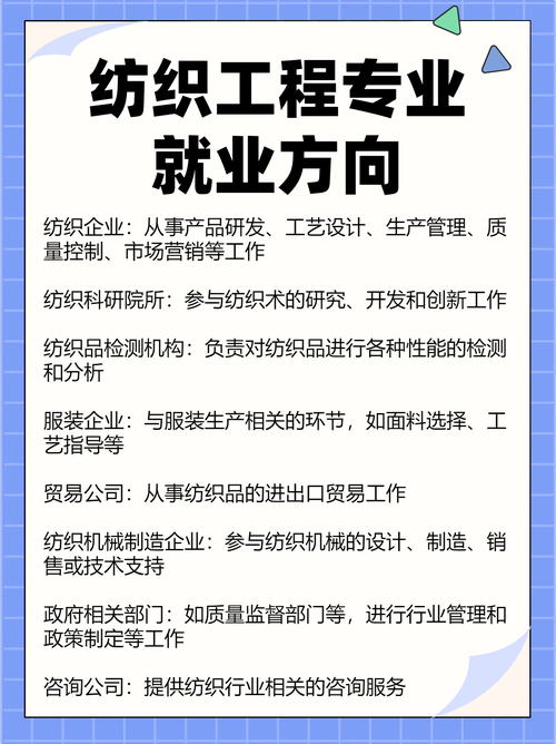 纺织企业:从事产品研发,工艺设计,生产管理,质